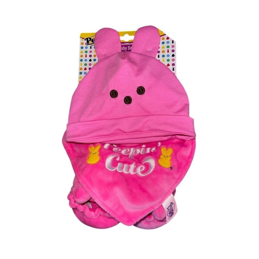 Peeps Peepin' Cute Baby 3-Piece Set Pink Bunny‎ Ears Hat Bib Slippers